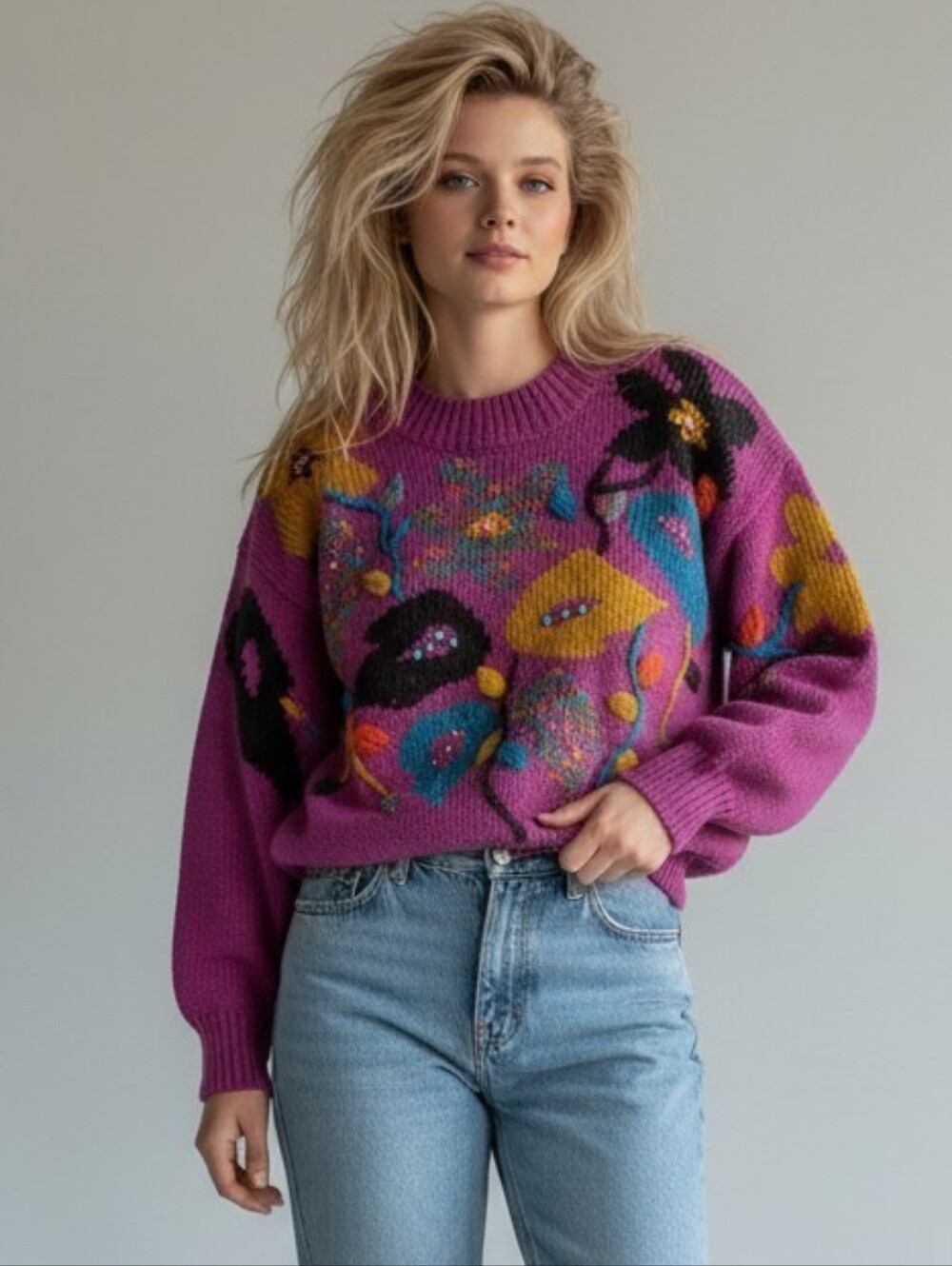 Vintage Jaclyn Smith Purple Floral Embroidered Beaded Knit Sweater Size Petite L